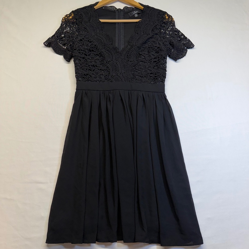 Lulus Black Lace Fit & Flare Cocktail Dress Scalloped V Neck Party XS - Picture 2 of 9